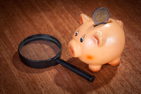 Magnifying glass by piggybank with two euro coin on backの写真素材