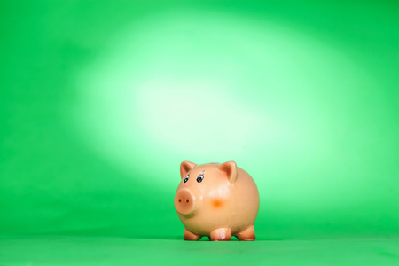 Piggy bank on green background with light spotの写真素材
