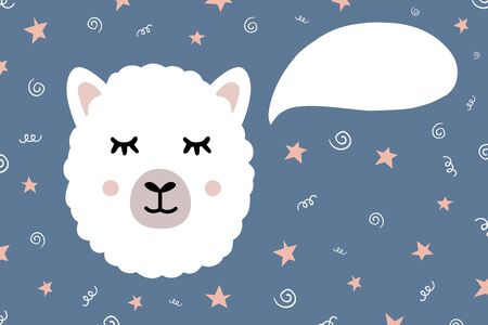 Cute alpaca face on blue background with doodle elements. Hand drawn vector animal illustration. Animal character in minimal flat style. Design for post cards, t-shirt print, stickers. Stock vector.のイラスト素材