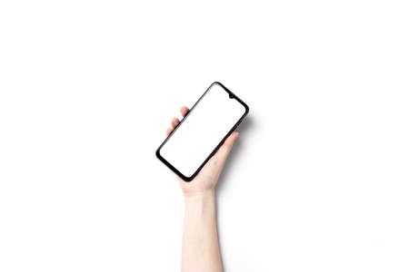 Smartphone mockup. Hand holding new black smartphone with white screen display on white background,...