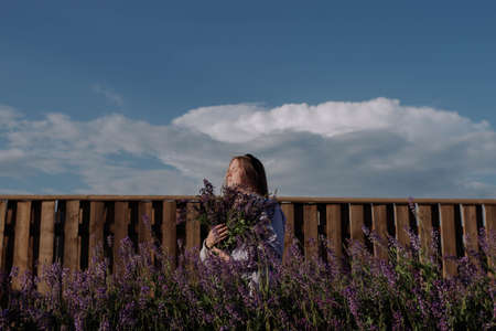 Young woman in shirt holding bouquet of purple flowers standing alone among field in front wooden fence and blue sky enjoying of sunlight at golden hour. Summer outfit. Girl with flowersの写真素材
