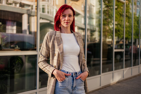 Middle aged businesswoman with red hair standing on the street. Confident woman looking at camera outdoor.の写真素材
