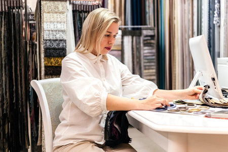Woman in fabric store choosing and combining curtains indoor. Customer combining colors and textures in shopの写真素材