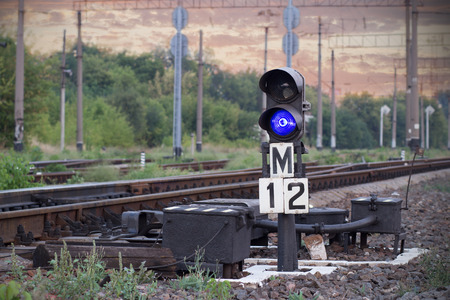 Railway arrow on sunset backgroundの写真素材