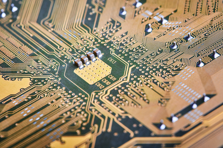 Electronic components, computer card close-up, digital technology, electric charge, elements of the...