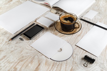 Branding identity set on light wooden background. Template for design presentations and portfolios.の写真素材