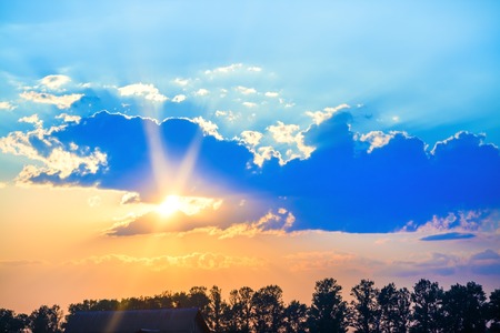 Beautiful golden sunset over the forest. Colorful scenic sky with clouds and bright sun.の写真素材
