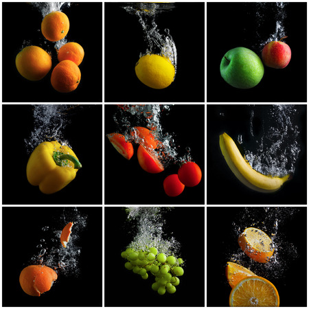 Fruits and vegetables falling into the water with splashes and bubbles. A set of photos. Concept of clean food. Promotion of healthy eating.