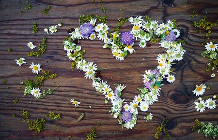 Heart symbol made of flowers on vintage wooden table background. Top view.の素材 [FY31061505875]