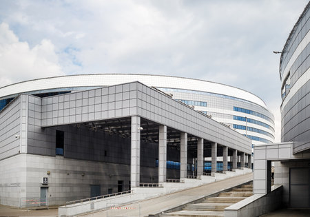 MINSK, BELARUS - MAY 03, 2016: Minsk-Arena - a sports and entertainment complex in the city of Minsk, Belarus. Close-up of modern industrial architecture.のeditorial素材