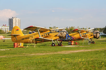 MINSK, BELARUS - MAY 07, 2016:Two biplane An-2. An-2 is a Soviet mass-produced single-engine biplane...