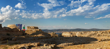 Nesebar, Bulgaria - September 06, 2013: Ruins and the remains of an ancient fortress wall in the old town of Nessebar, on the Black Sea coast.  Panoramic shot.のeditorial素材
