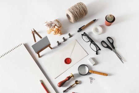 Stationery for creativity on white paper background. Template for placing your design.の写真素材