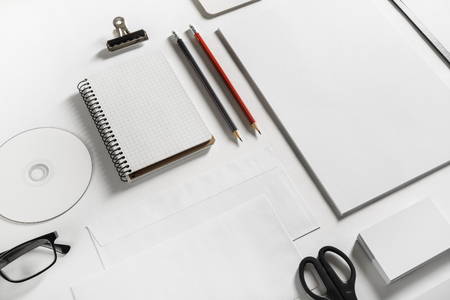 Branding stationery mockup on white paper background. Blank objects for placing your design.の写真素材