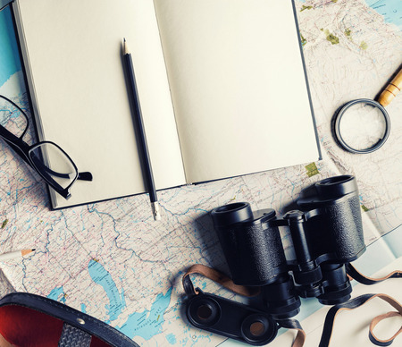 Objects for tourism and travel. Trip or vacation items. Vintage toned image. Flat lay.の写真素材