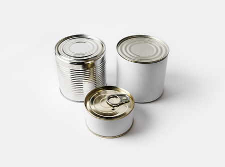 Three blank food tin cans. Template for placing your design.の写真素材