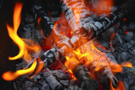 Fire and coals. Bright flame in the bonfire. Selective focus.の写真素材