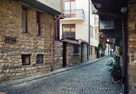 Nesebar, Bulgaria - September 10, 2014: Typical street in old town of Nessebar. Nesebar is an ancient city and one of the major seaside resorts on the Bulgarian Black Sea Coast. UNESCO world heritage site.のeditorial素材