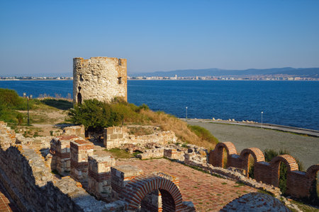 Nesebar, Bulgaria - September 10, 2014: Watchtower in old town of Nessebar. Bulgarian Black sea coast on a sunny summer day.のeditorial素材