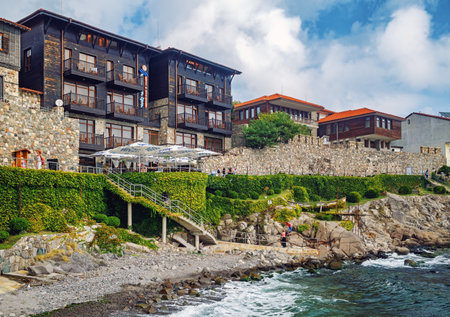 Sozopol, Bulgaria - September 03, 2014: Coastline of the old town of Sozopol. Bulgarian Black Sea coast. UNESCO World Heritage Site.のeditorial素材