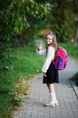 Schoolgirl with a backpack. Happy girl goes to school. Child standing and looking at camera. Vertical shot. Selective focus.の写真素材