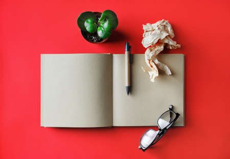 Blank booklet and stationery on red paper background. Book, glasses, pen, crumpled paper and plant....