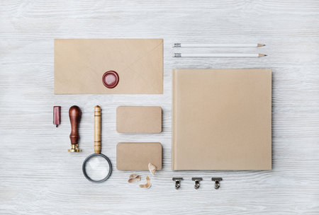 Blank kraft stationery set. Corporate identity template. Responsive design mockup. Flat lay.の写真素材
