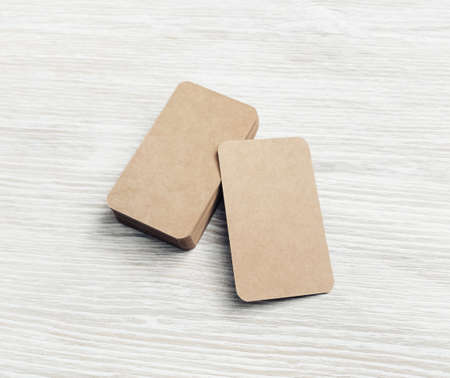 Blank kraft business cards. Blank paperwork template for placing your design. Mockup for ID.の写真素材