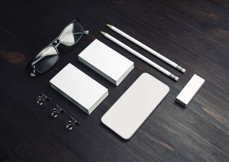Blank branding identity set on wooden background. Corporate stationery template.
