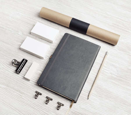 Blank stationery set on light wooden background. Template for branding design. Branding mock up.