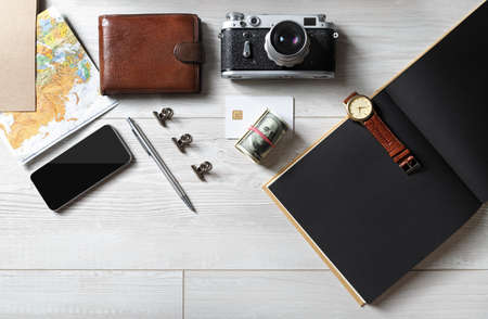 Travel vacation accessories. Ready for trip. flat lay.の写真素材