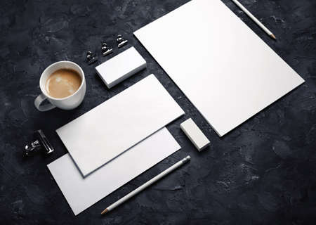 corporate identity template. Branding mockup. Blank business stationery mock-up on black plaster background.の写真素材