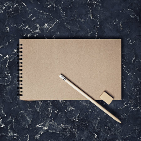 Blank vintage sketchbook, pencil and eraser. Blank branding template. Mock-up for design...