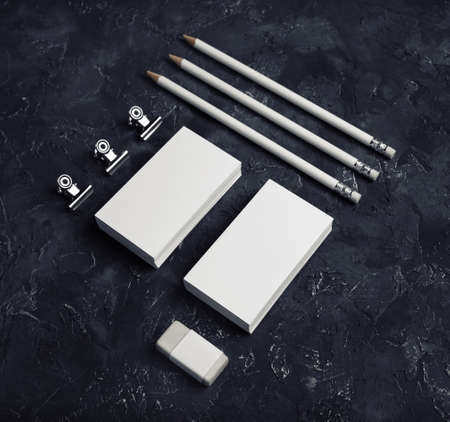 Blank stationery template on black plaster background. Branding mock up for designers portfolios.の写真素材
