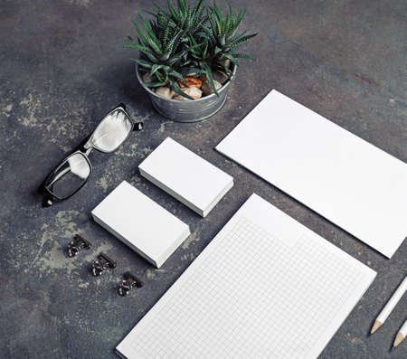 Blank stationery template on concrete background. Mockup for branding identity. For design presentations and portfolios.の写真素材