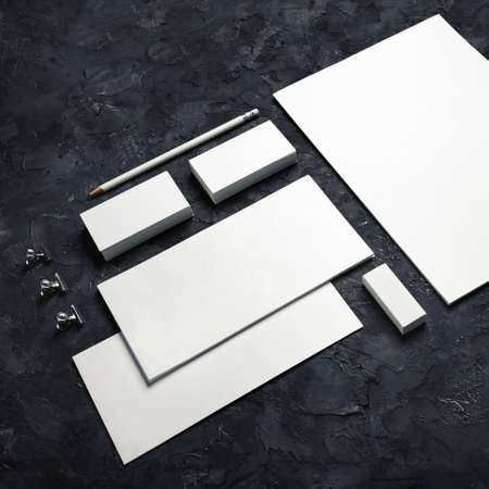 Blank stationery set on black plaster background. ID template. Mockup for branding identity for designers.の写真素材