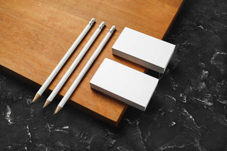 Blank business cards and pencils. Template for graphic designers portfolios.の写真素材
