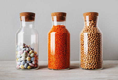 Candies, bulgur and lentils in glass jars with cork lids.の写真素材