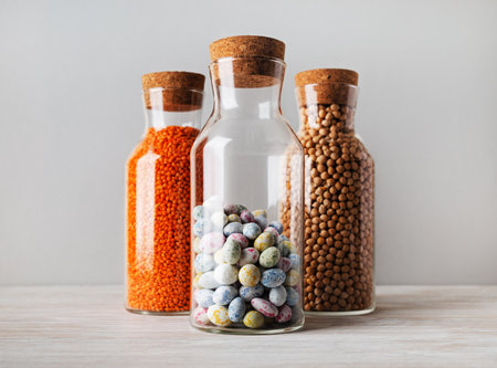 Glass jars with food on the kitchen table. selective focus.の写真素材