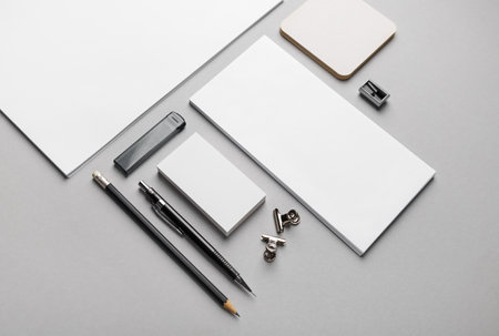 Branding stationery mockup on gray paper background. Blank objects for placing your design.の写真素材