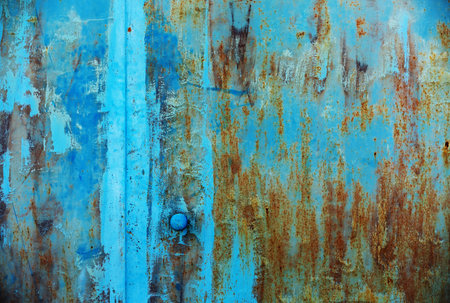 Blue peeling paint background. Grunge blue and rusted texture.の写真素材