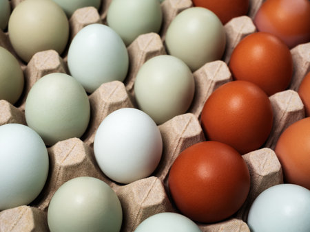 Colorful chicken eggs in cartons tray. selective focus.の写真素材
