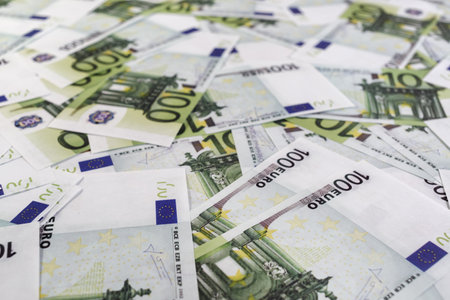 Many hundred euro bills. A lot of money. Selective focus.の写真素材