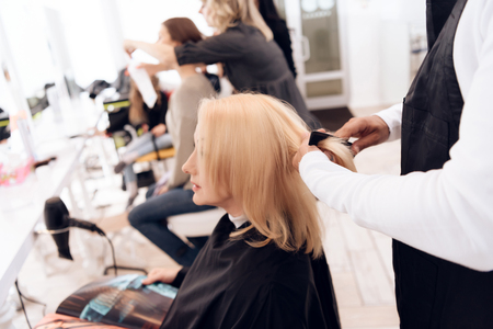 Female stylist combs blond straight hair of mature woman in beauty salon. Mature pretty woman is doing hairdo in beauty salon.の写真素材