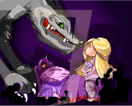 The girl and a wolf at night in the darkのイラスト素材