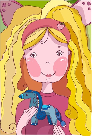 Portrait: Smiling blond girl holds a pony in her hands のイラスト素材