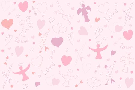Pink hearts pattern. Doodle illustration of a heart and cupids on a pink backgroundの写真素材