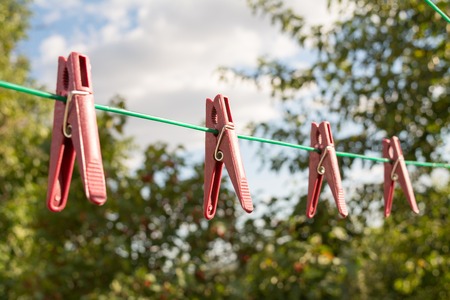 Linen clothespins on ropes against the background of trees and blue skyの写真素材
