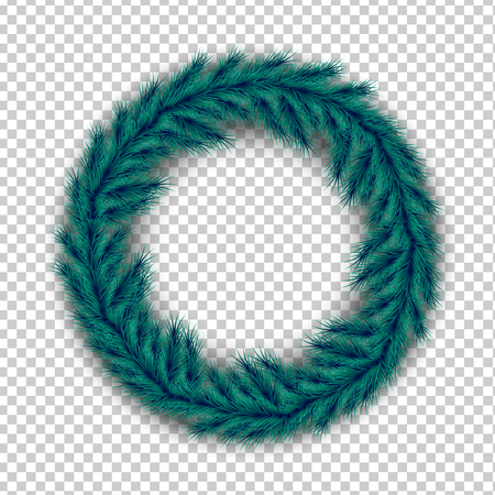 Realistic Christmas wreath of pine spruce branches with shadow on a transparent background. Vector illustrationのイラスト素材