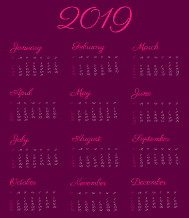 2019 calendar year - vector illustration, vintage font. The week starts on Sunday american standard.のイラスト素材